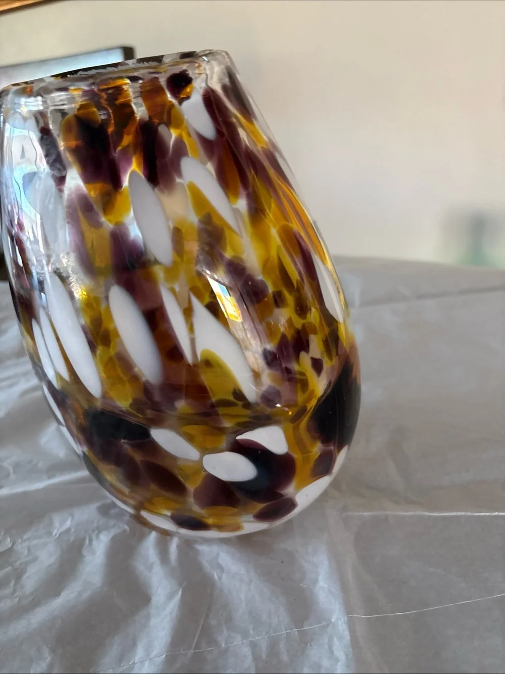 Hand Blown Art Glass Vase White Amber Spots Artisan Studio 7.65” Heavy Solid